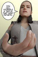 breasts giantess brunette star_wars dialogue looking_at_tiny digital_render rey_(star_wars) jedi anakin_skywalker shrunkengts brown_eyes shrunken_man point_of_view belt no_background
