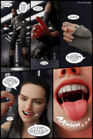 breasts vore comic tongue armor handheld brunette boots dialogue helmet stormtrooper digital_render rey_(star_wars) jedi shrunkengts the_force brown_eyes kneeling reaching open_mouth pants dangle indoors point_of_view licking_lips hands_on_hips pinched shrunken_man star_wars