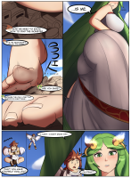 breasts blushing city comic large_breasts long_hair butt destruction barefoot brunette green_hair dress foot_crush english thighs bare_shoulders palutena strapless_dress between_breasts 1girl strapless 1boy pit_(kid_icarus) giantess charlydibu