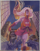 large_breasts bridge rampage gloves boots bus looming vehicles thighs fist point_of_view bare_legs breasts drawing giantess city mega blonde color long_hair destruction cleavage buildings mask night costume earrings femforce synn