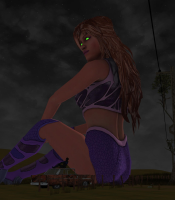 breasts giantess mega alien green_eyes red_hair starfire boots sitting shorts night costume dc_comics bare_legs nightwing roodedude bare_midriff long_hair vehicles top looking_at_tiny teen_titans orange_skin