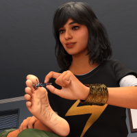 pants foot_slave breasts giantess blonde black_hair handheld brown_eyes gloves short_hair boots shrunken_woman between_toes dark_skin thighs indoors costume bracelet legs_crossed looking_at_tiny digital_render ms_marvel marvel_comics captain_marvel kamala_khan carol_danvers
