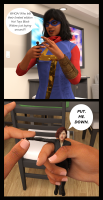 breasts comic black_hair handheld gloves red_hair shrunken_woman mask dark_skin chair indoors jumpsuit dialogue looking_at_tiny black_widow digital_render ms_marvel marvel_comics kamala_khan anttiergod angry short_hair boots tv