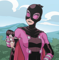 breasts drawing giantess mega color gloves boots mountains mask costume cape trees belt leotard wedgie pinched looking_at_tiny bare_legs marvel_comics gwenpool kimkai_drawings evil_gwenpool shoes