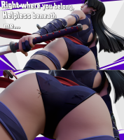 marvel_rivals breasts giantess comic black_hair butt sword asian shrunken_man point_of_view leotard x-men on_butt psylocke digital_render bare_legs spider-man marvel_comics clothing_entrapment hpmw-fan45 long_hair dialogue thick_thighs