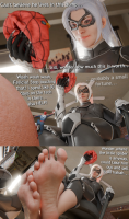 breasts giantess white_hair comic large_breasts long_hair blue_eyes gloves ponytail sitting unaware mask chair thighs indoors costume catsuit on_foot dialogue legs_crossed digital_render black_cat spider-man marvel_comics peter_parker felicia_hardy hpmw-fan45 point_of_view