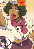 drawing vore handheld saliva mawshot shrunken_woman ace_attorney imminent_vore maya_fey muka288 olivia_aldente breasts black_hair color skirt green_eyes brunette shrunken_man dark_skin hanging_on hands_on_hips no_background cutaway flower_in_hair bare_midriff