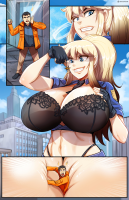 breasts panties mega blonde comic long_hair blue_eyes teeth cleavage bra huge_breasts underwear smiling gloves police ponytail navel grin police_uniform shrunken_man cloud dangle sky hat black_gloves choker shirt giantessfan clenched_teeth black_bra black_panties bangs 1girl 1boy 2boys giantess a_goddess_of_law officer_nikki