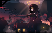 breasts black_hair cleavage tower looking_at_viewer halo solo medium_breasts 1girl tiny_village giantess angel fallen_angel