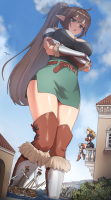 breasts blushing blonde large_breasts long_hair cleavage ocean green_eyes brunette breast_hold gloves elf ponytail dress short_hair boots twintails day shrunken_woman open_mouth bird thighs houses outdoors sky thigh_highs ships belt crossed_arms thick_thighs pointed_ears thigh_boots barrel kkasi00 multiple_girls brown_footwear arms_under_breasts giantess