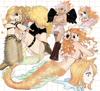 bikini breasts giantess furry tail wings angel blonde long_hair tongue underwear mermaid brown_eyes yellow_eyes smiling dress short_hair boots twintails jewelry tattoo monster_girl harpy thigh_highs earrings looking_at_viewer halo bracelet orange_hair angel_wings feathers hair_ornament one_eye_closed armlet nami_(one_piece) multiple_girls 4girls medium_breasts strapless fishnet_legwear feathered_wings sktkah_7326 white_wings mini_wings