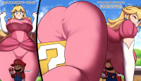 giantess breasts size_difference blonde comic large_breasts long_hair butt blue_eyes teeth mario princess_peach brunette lips camel_toe gloves dress crown shrunken_man overalls english sky hat pink_dress jewelry looking_back earrings elbow_gloves mustache white_gloves facial_hair one_eye_closed sportswear 1boy red_headwear gameplay_mechanics mini_crown bikesuit biker_clothes
