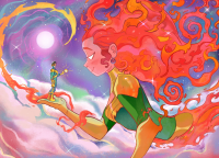 breasts space long_hair smiling moon red_hair fire cloud clouds sky jewelry earrings profile full_moon from_side solo 1girl traditional_media alan_cortes fiery_hair watercolor_(medium) giantess phoenix cyclops marvel_comics stars x-men jean_grey