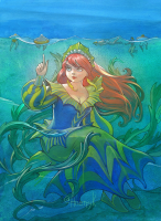 breasts long_hair cleavage water ocean smiling underwater red_hair dress black_eyes shrunken_man swimming lipstick tinies monster_girl bubble makeup shell long_sleeves very_long_hair air_bubble medium_breasts 1girl traditional_media off_shoulder alexandra_petruk aqua_background gentle giantess mermaid