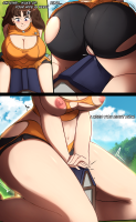 giantess breasts nipples blushing large_breasts butt cleavage brunette navel day close_up english sky ripped_clothing orange_shirt bike_shorts 1girl multiple_views torn_legwear torn_bodysuit torn_shirt torn_pants cleavage_cutout torn_shorts