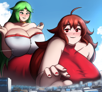 breasts drawing blushing city mega color large_breasts destruction cleavage green_eyes huge_breasts breast_crush brunette green_hair dress airplane collar giantesses thighs indoors red_nails source_needed charlydibu giantess