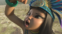 giantess vore black_hair bra buildings goddess brown_eyes crown jungle open_mouth dangle dark_skin outdoors necklace native sacrifice bracelet imminent_vore chel looking_at_tiny digital_render headdress loincloth dreamworks the_road_to_el_dorado foot_prints