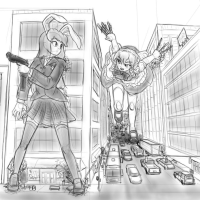 drawing giantess crush city comic monochrome destruction gun buildings touhou reisen_udongein_inaba fighting running vehicles outdoors sakuya_izayoi knives rabbit_ears alloyrabbit reisen_vs_sakuya