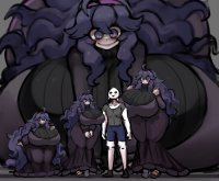 drawing giantess pokemon blushing color long_hair clothed purple_hair huge_breasts purple_eyes smiling dress amazon looming giantesses standing sweater lying_on_breasts thick_thighs looking_at_tiny hex_maniac human yboon