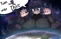 drawing giantess pokemon earth space color clothed planet huge_breasts smiling story looming looking_down sweater tera hex_maniac speech_bubble human yboon breasts dialogue cosmic_giantess