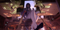 giantess rei neon_genesis_evangelion shinji_ikari breasts black_hair large_breasts long_hair buildings shoes sitting legs indoors point_of_view looking_at_viewer bare_shoulders science_fiction solo medium_breasts 1girl white_legwear