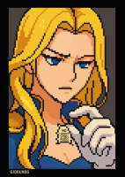 drawing giantess crush blonde color large_breasts long_hair blue_eyes clothed handheld cleavage finger angry blood story death animation cruel finger_crush giorunog pinching pixel_art looking_at_tiny speech_bubble gloves uniform