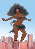 drawing giantess city mega color dark_skin clouds convenient_censorship sunny-d-lite breasts black_hair cleavage thighs bare_legs bare_midriff
