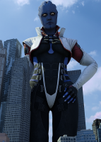 breasts giantess city mega alien large_breasts cleavage buildings blue_skin tattoo hands_on_hips mass_effect asari aria_tloak conqueringgoblin blue_eyes gloves thighs jacket