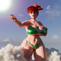bikini breasts giantess mega large_breasts swimsuit destruction cleavage buildings green_eyes red_hair ponytail short_hair sun airplane reaching frankie_foster clouds thighs choker point_of_view earrings panty_entrapment thick_thighs digital_render bare_legs fosters_home_for_imaginary_friends bare_midriff between_breasts hair_pin cartoon_network dbhfrost