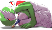 breasts drawing giantess pokemon blushing anthro color red_eyes huge_breasts breast_crush sweat smiling green_hair dress kneeling gardevoir bending_over heart licking_lips white_skin looking_at_tiny between_breasts nobunagapero