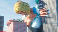 breasts giantess city mega blonde cleavage buildings huge_breasts short_hair earrings bending_down x-men blue_nails emma_frost water_tower digital_render marvel_comics looking_at_tinies ravenkinggts costume marvel_rivals