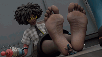 giantess feet black_hair color clothed barefoot glasses brown_eyes smiling massage sitting worship animation tie dark_skin indoors shrink_gun digital_render fortnite dwighteisenhower doctor_slone hope_(fortnite)