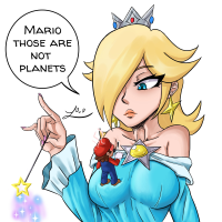 breasts drawing gentle giantess blonde color long_hair blue_eyes mario dress crown shrunken_man hat earrings dialogue wand no_background magic_wand looking_at_tiny on_breasts princess_rosalina leon0u0 hair_covering_eye