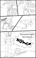 growth giantess feet wings comic monochrome color bra skirt fairy angry story navi walking looking_down forest jirokatsu trees top dialogue the_legend_of_zelda speech_bubble link_(the_legend_of_zelda) hands_on_hips