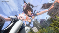 giantess breasts white_hair giga city mega long_hair blue_eyes handheld skirt buildings brunette multiple_sizes brown_eyes socks reaching giantesses maid_uniform cat_girl tokyo crouching looking_at_tiny digital_render tbycolive vanilla chocola