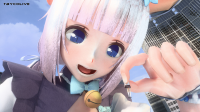 white_hair city mega blue_eyes handheld skirt buildings socks maid_uniform cat_girl tokyo crouching looking_at_tiny digital_render tbycolive vanilla giantess