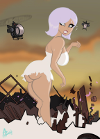 debris breasts drawing growth giantess white_hair mega color large_breasts butt destruction blue_eyes helicopter sweat outgrowing_building ginormica dress short_hair wedding_dress thighs bride monsters_vs_aliens church ripped_clothing thick_thighs bare_legs susan_murphy dreamworks azerotyh