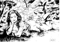 breasts drawing giantess chief mega monochrome butt skirt high_heels gloves lying_down boots bottomless forest costume doom_patrol trees belt hairband legs_crossed on_butt looking_at_tiny dc_comics bare_legs elasti-girl robotman wheelchair negative_man rita_farr renemicheletti