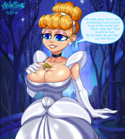 breasts drawing gentle giantess blushing blonde color blue_eyes clothed cleavage huge_breasts smiling story gloves dress shrunken_man forest night outdoors kingdom_hearts disney white_dress cinderella earrings trees dialogue hairband looking_at_tiny speech_bubble between_breasts kingdom_hearts_birth_by_sleep ventus emil-inze