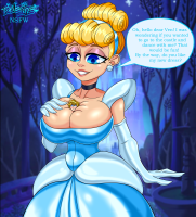 breasts drawing gentle giantess blushing blonde color blue_eyes clothed cleavage huge_breasts smiling story gloves dress shrunken_man forest night outdoors kingdom_hearts disney cinderella earrings trees dialogue hairband looking_at_tiny speech_bubble between_breasts kingdom_hearts_birth_by_sleep ventus emil-inze