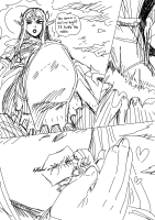 giantess the_legend_of_zelda link_(the_legend_of_zelda) comic monochrome long_hair armor elf heart open_mouth english orc hood pointed_ears guireyart10 princess_zelda_(the_legend_of_zelda) greyscale 1girl 1boy shoulder_armor