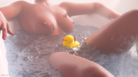 breasts nipples gentle giantess nude color large_breasts bath water climbing legs swimming body_exploration tinies relaxing on_leg digital_render on_breasts rubber_duck felynarii