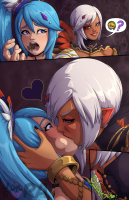 long_hair tongue blue_eyes saliva blue_hair elf kissing heart lesbians dark_skin jewelry bracelet jora-bora pointed_ears giantess vore shrunken_man cia_(hyrule_warriors) lana_(hyrule_warriors) link_legend_of_zelda