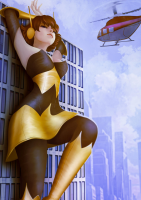 giantess marvel_comics the_wasp breasts drawing city mega color blue_eyes cleavage buildings helicopter brunette gloves boots pants thighs leaning_against_building costume looking_at_viewer janet_van_dyne ondieony
