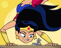 mouse_man drawing black_hair color long_hair armor blue_eyes high_heels smiling shrunken_man costume wonder_woman earrings bracelet tiara no_background looking_at_tiny dc_comics spunkbug