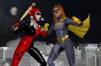 breasts giantess city long_hair armor blue_eyes buildings moon gloves red_hair harley_quinn fighting mask batgirl night thighs fist costume cape belt baseball_bat digital_render dc_comics roodedude