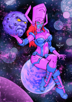 breasts drawing giantess giga space color large_breasts long_hair armor planet handheld yellow_eyes moon gloves red_hair boots sitting blue_skin galactus thighs costume belt stars x-men legs_crossed helmet cosmic_giantess mystique sitting_on_planet marvel_comics fusion ego_the_living_planet galactique adagadegelo