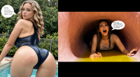breasts blonde black_hair large_breasts long_hair butt swimsuit blue_eyes water wet lips tree bending_over pool shrunken_woman open_mouth english flower nature looking_back wavy_hair wading speech_bubble multiple_girls one-piece_swimsuit ai_art 2girls arm_support minitizer giantess
