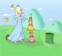 giantess blonde long_hair princess_peach high_heels brunette gloves dress crown grass pink_dress jewelry umbrella elbow_gloves princess_daisy white_gloves princess_rosalina multiple_girls aqua_dress