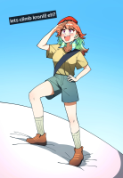 giantess purple_eyes shorts close_up body_exploration shirt earrings orange_hair on_breasts hiking hololive out_of_frame ddolbang takanashi_kiara hololive_english ouro_kronii